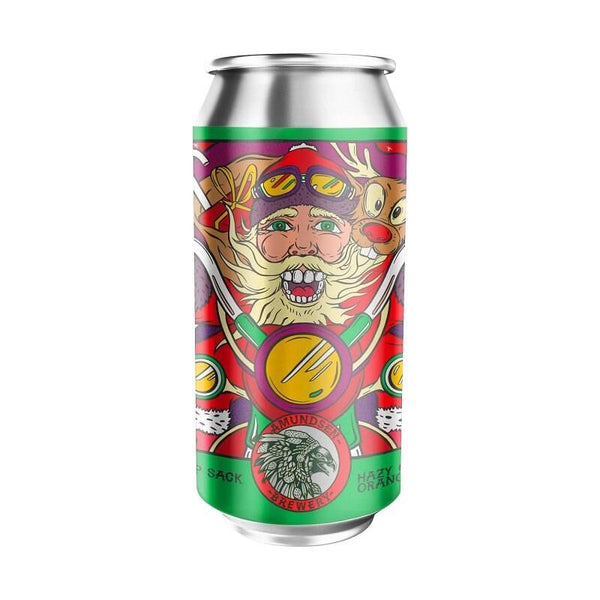 Colorful beer can with a decorative design on a white background