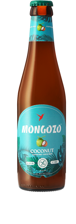 Bottle of Mongozo Coconut beer with a blue label on a white background
