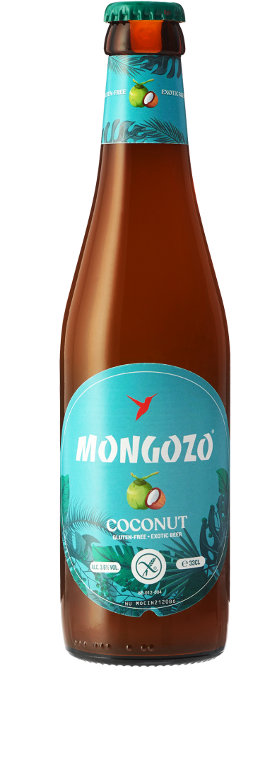 Bottle of Mongozo Coconut beer with a blue label on a white background